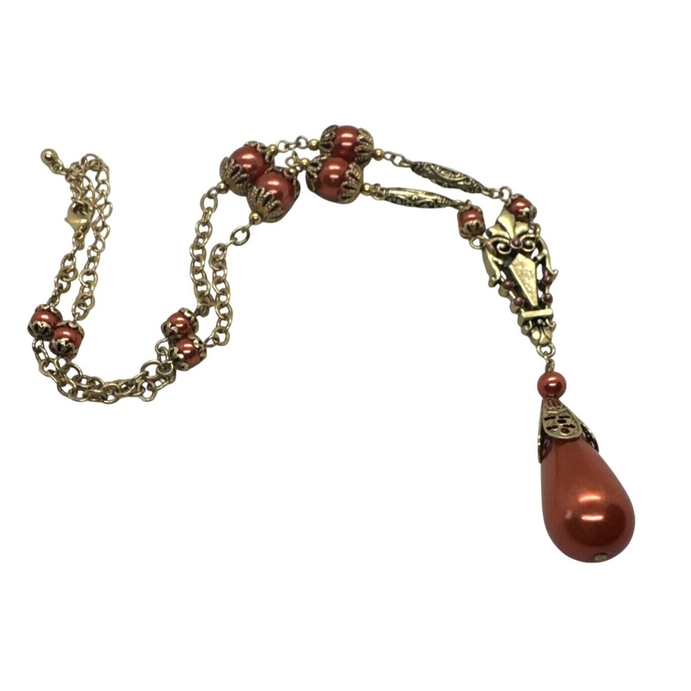Vintage Gold Tone Beaded Y  Necklace Faux 3" Drop‎ Pearl Adjustable 17"-21"